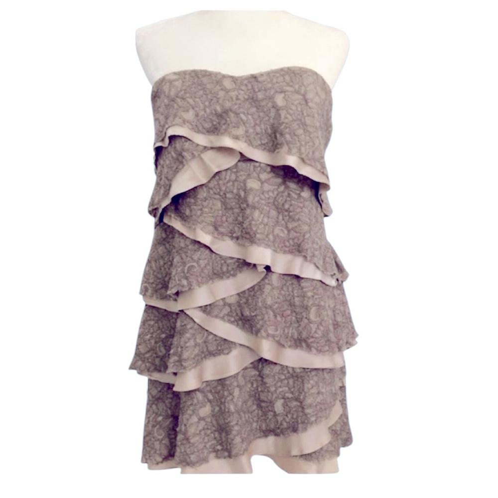 Haute Hippie Grey Tiered Lace/Silk Ruffle Strapless Dress Size Medium MSRP $695